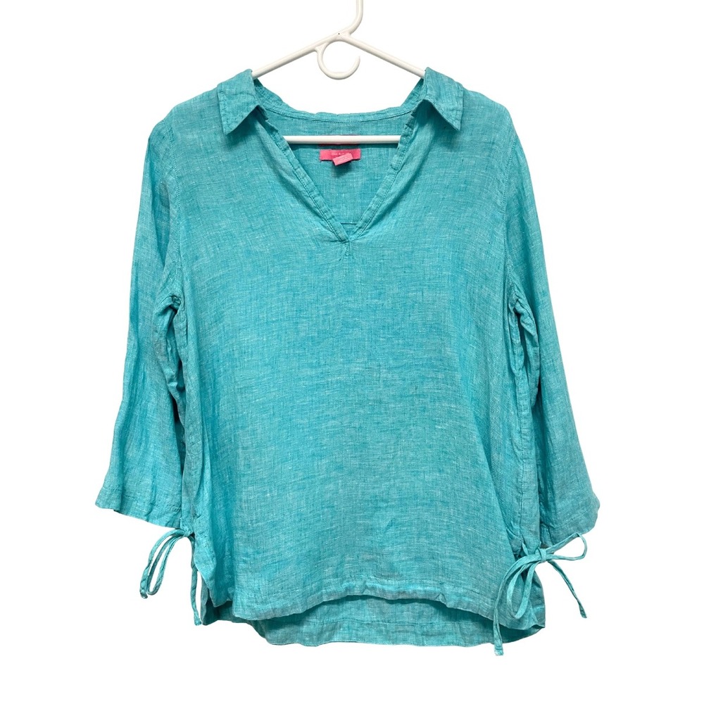 Isaac Mizrahi 100% Linen Womens 3/4 Sleeve Turquoise Tie Sleeve Tunic Blouse Top